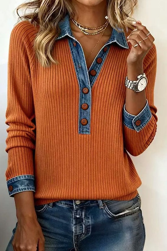 Denim Collar Long Sleeve Knit Pullover Top Lavish Daily