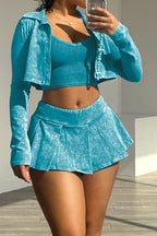 Three-Piece Acid Wash Set with Mini Pleated Skirt Lavish Daily