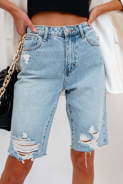 High-Waisted Distressed Denim Bermuda Shorts Lavish Daily