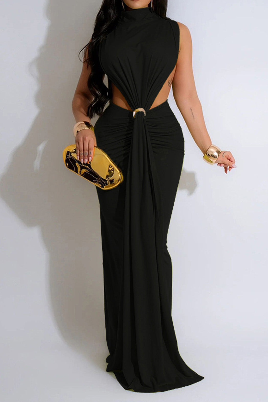 Mock Neck Cutout Ruched Maxi Dress Lavish Daily