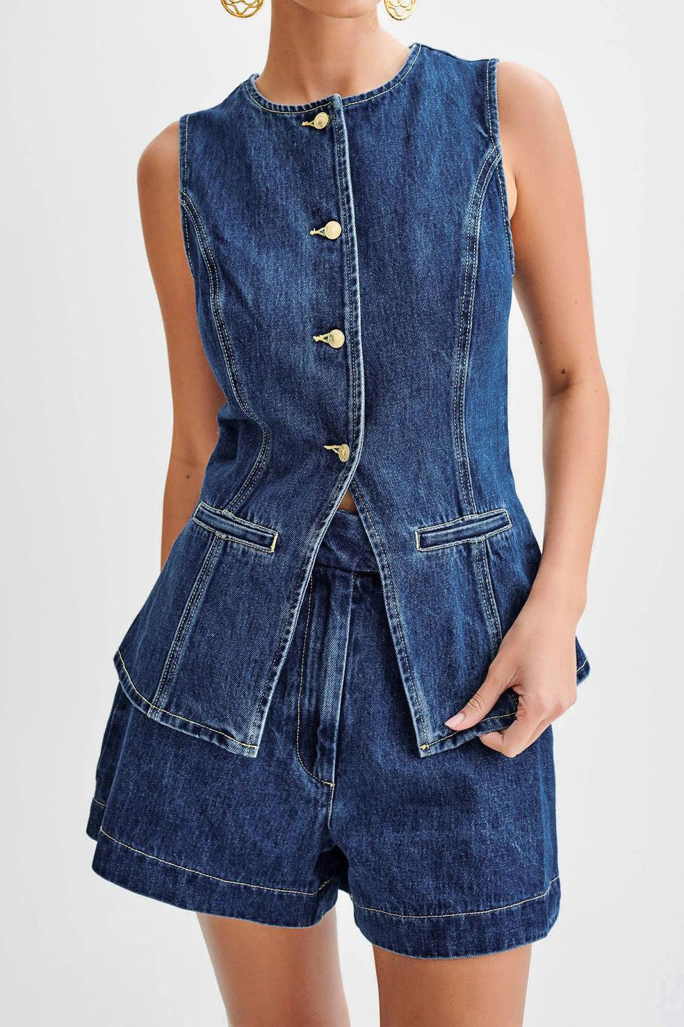 Denim Button-Up Vest & Shorts Set Lavish Daily