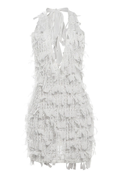 Shredded Fringe Halter Open-Back Dress Lavish Daily