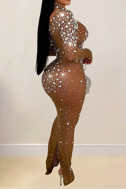 Mesh Rhinestone Long Sleeve Maxi Dress Lavish Daily