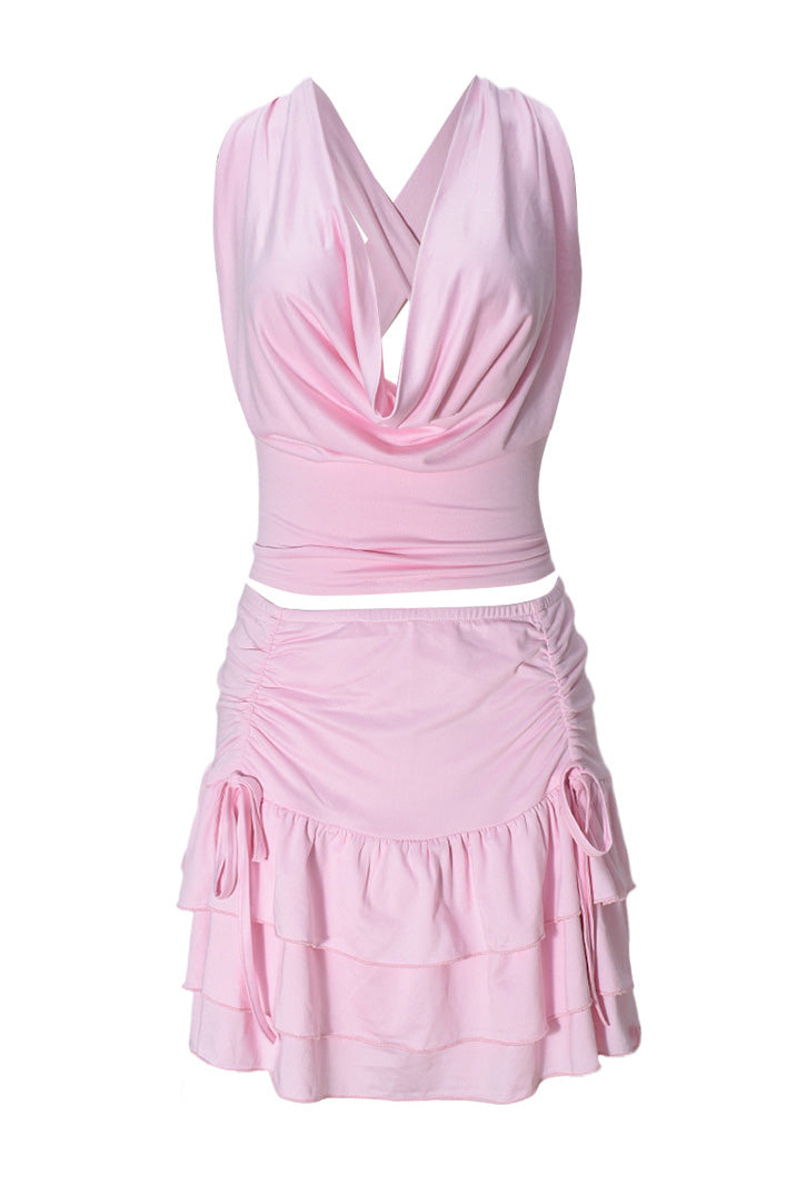 Cowl Neck Halter Ruffle Skirt Set Lavish Daily