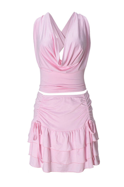 Cowl Neck Halter Ruffle Skirt Set Lavish Daily