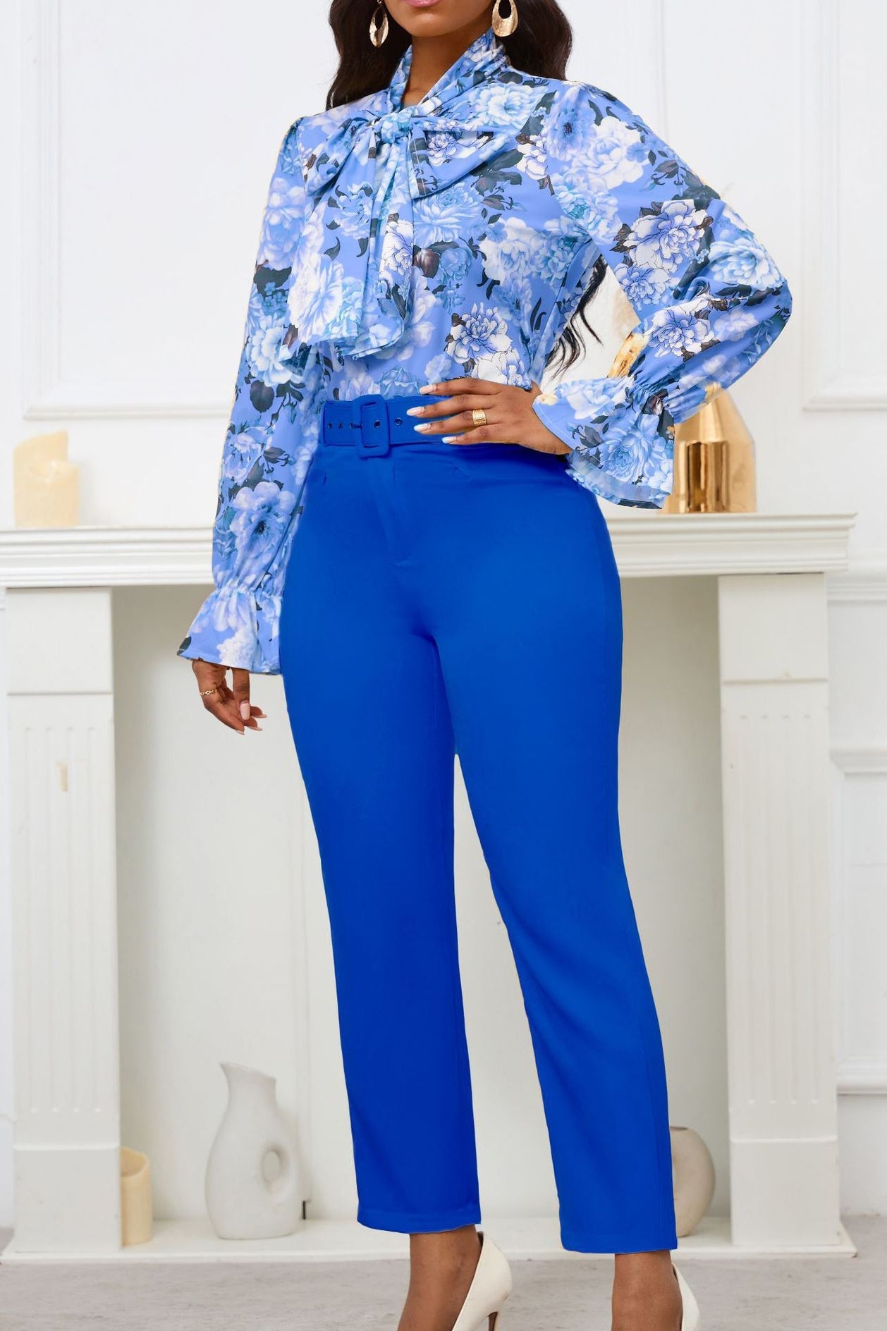 Floral Printing Blouse Solid Color Pants Set Lavish Daily