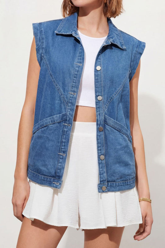 Relaxed Button-Down Sleeveless Denim Vest Lavish Daily