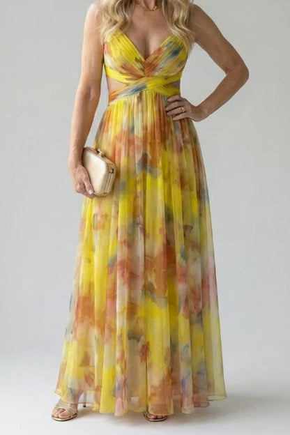 Abstract Chiffon Cutout Backless Maxi Dress LavishDaily