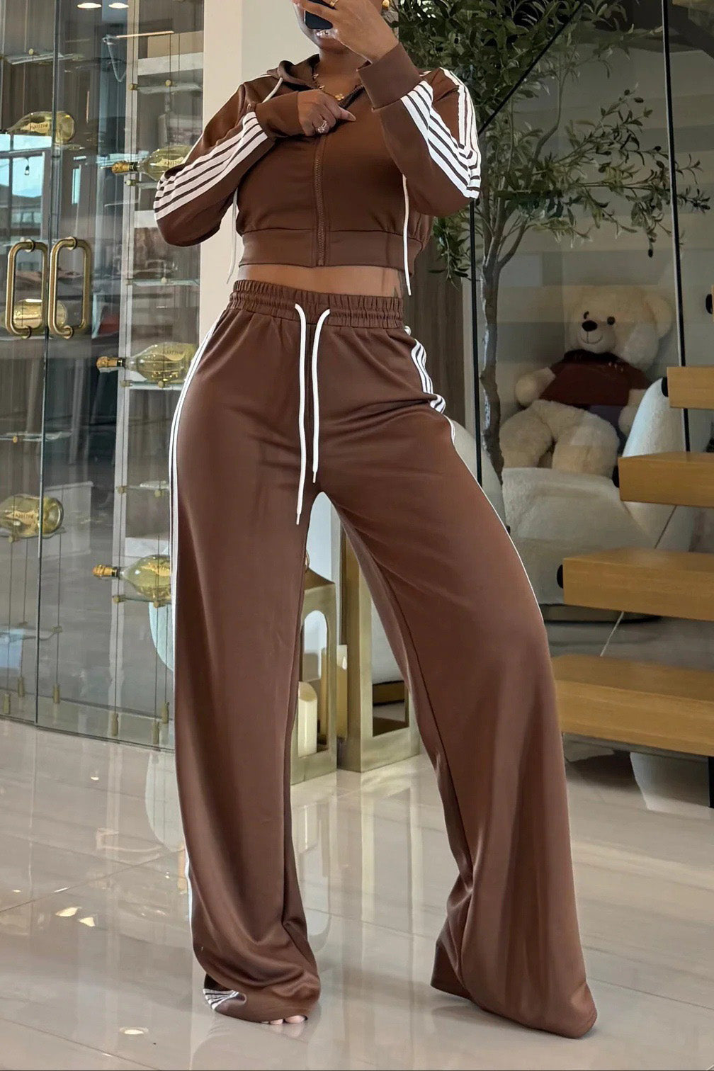 Side Strip Crop Jacket & Pants Set Lavish Daily