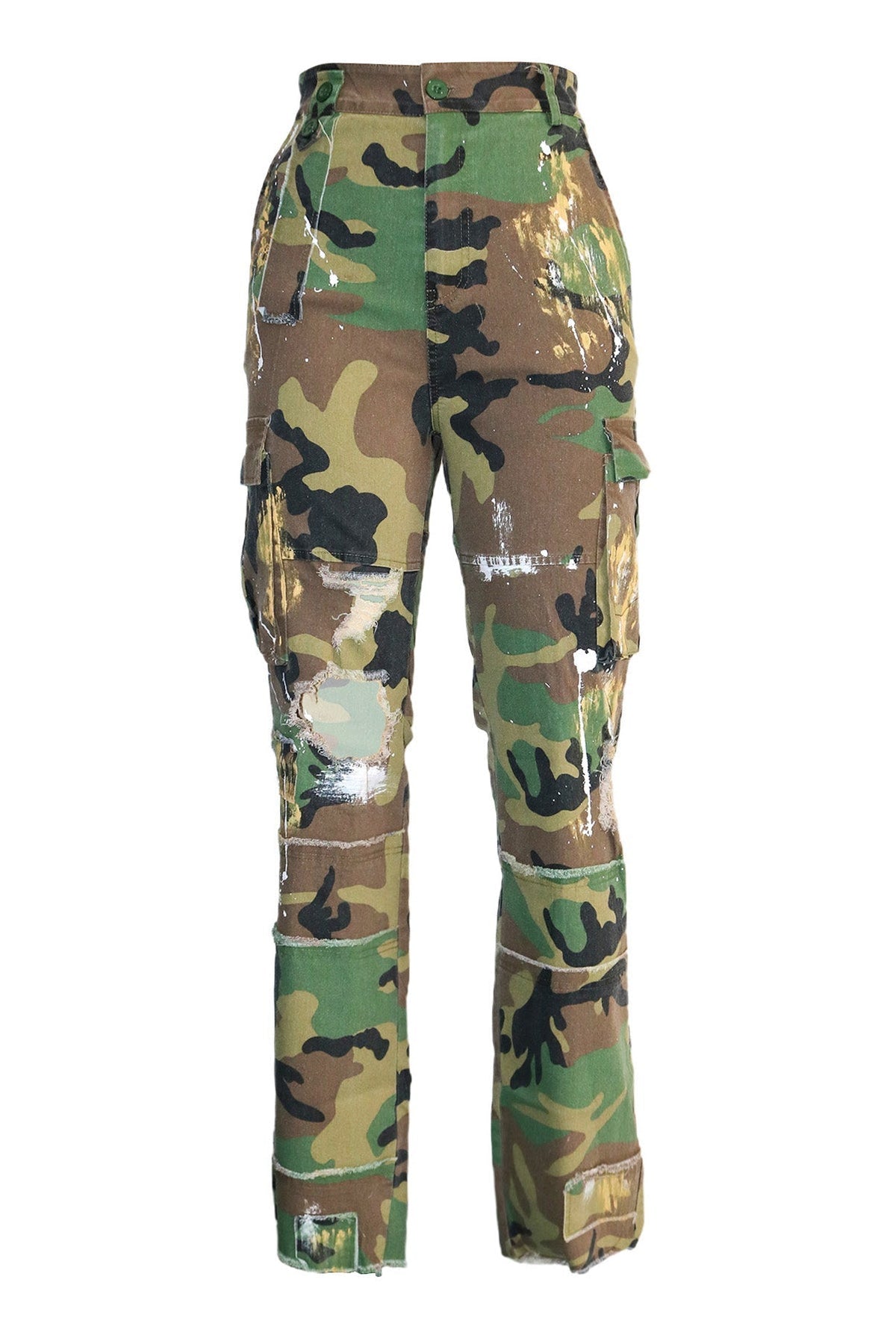 Distressed Camo Patchwork Wide-Leg Cargos Lavish Daily