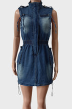 Sleeveless Denim Cargo Pockets Mini Dress Lavish Daily