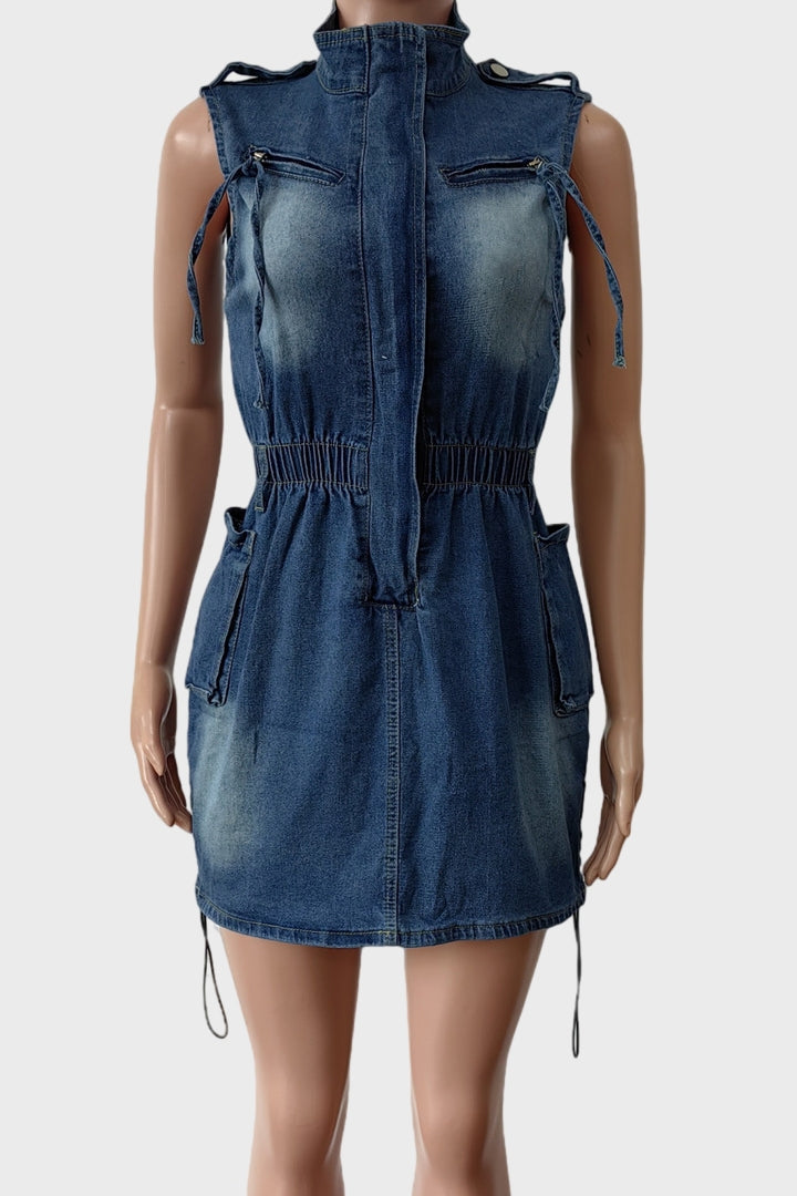 Sleeveless Denim Cargo Pockets Mini Dress Lavish Daily
