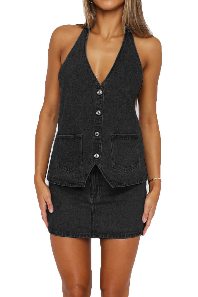 Buttoned Halter Neck Denim Long Top Lavish Daily