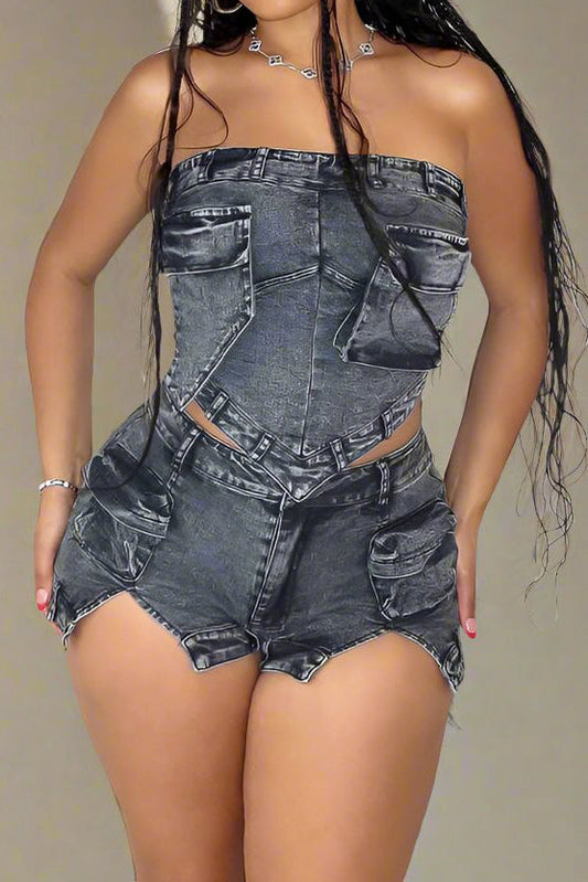 Denim Slit Elastic Shorts Set Lavish Daily