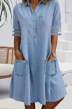 Mesh-Panel Denim Short-Sleeve Maxi Dress Lavish Daily