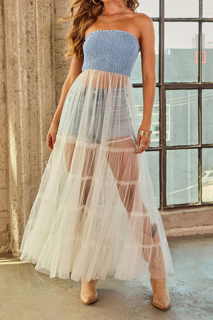 Strapless Smocked Sheer Maxi Dress LavishDaily