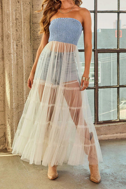 Strapless Smocked Sheer Maxi Dress LavishDaily