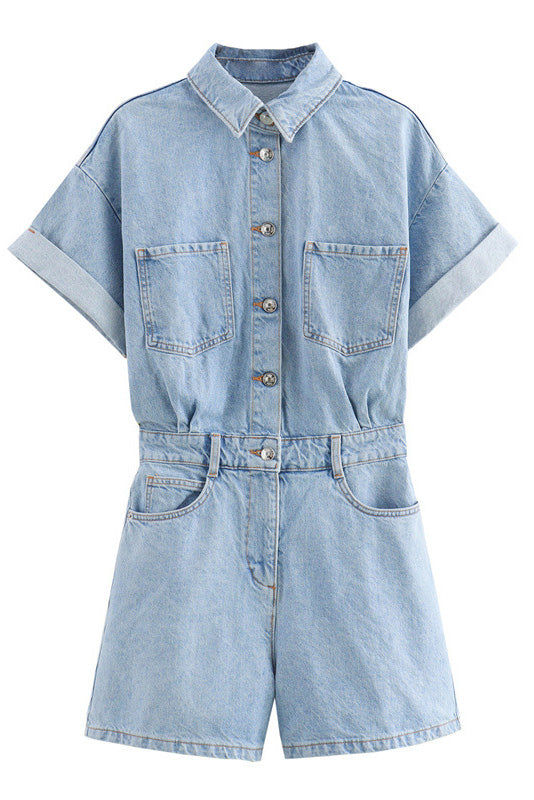 Denim Short Sleeve Romper with Pockets Lavish Daily
