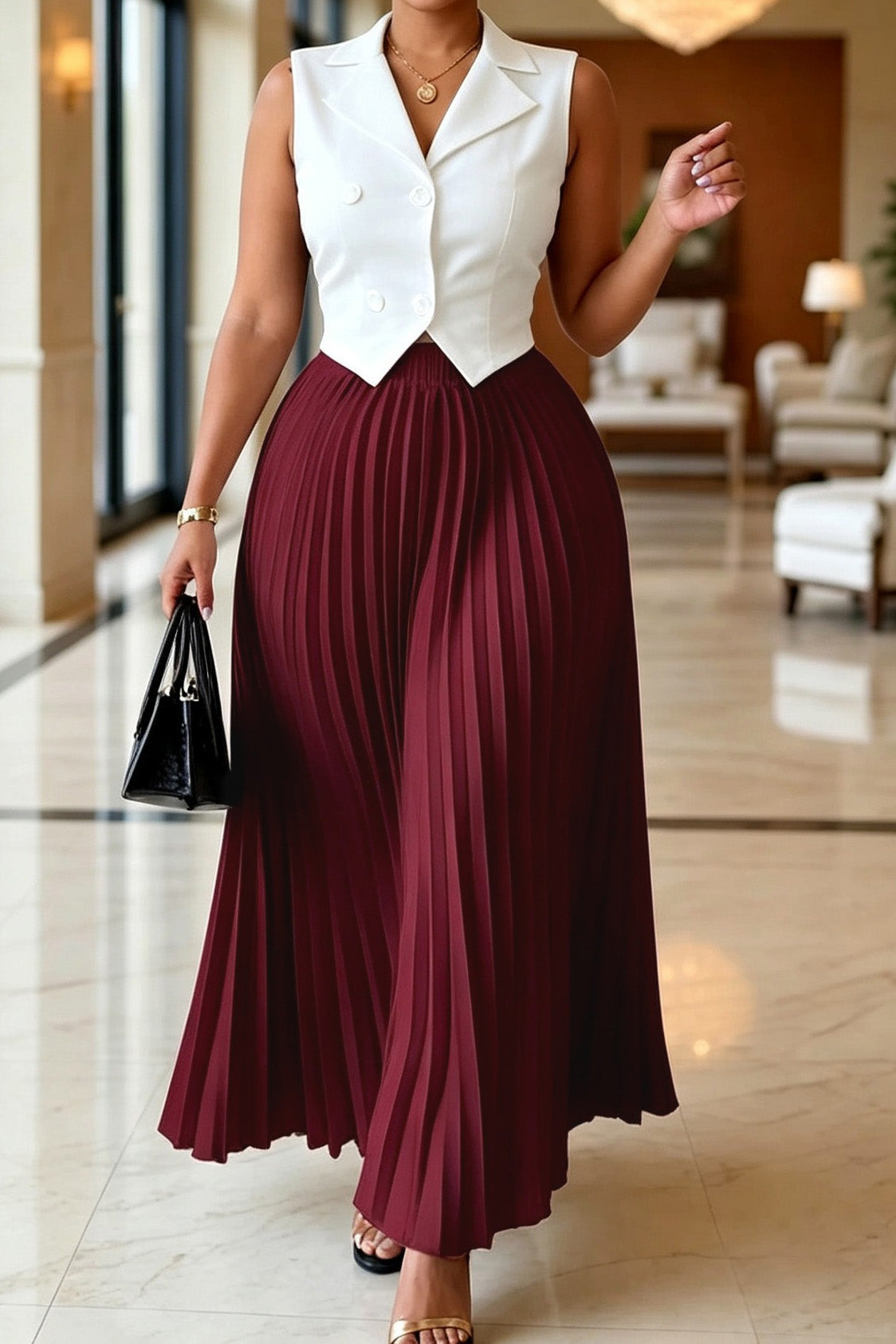 Tailored Vest Pleated Maxi Skirt Set Lavish Daily