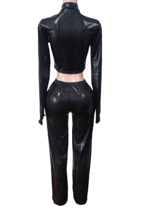 Zip-Front Faux Leather Jacket & Pants Set Lavish Daily