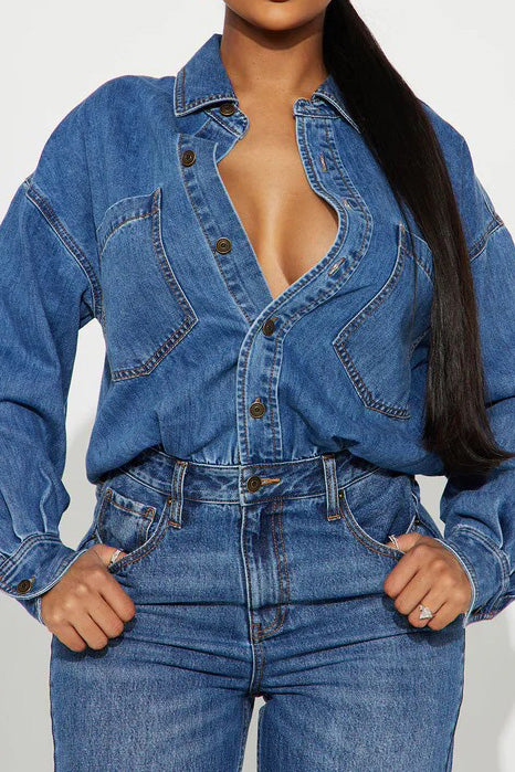 Stretch Long Sleeve Denim Jumpsuit LavishDaily