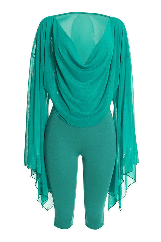Cowl-Neck Mesh Top & Capri Pants Set Lavish Daily