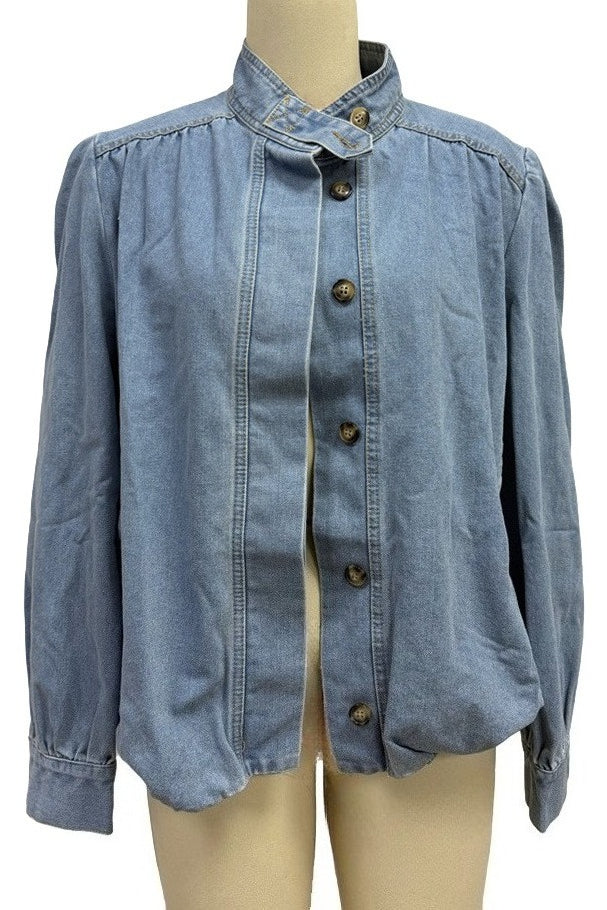 Puff-Sleeve Stand-Collar Denim Jacket Lavish Daily