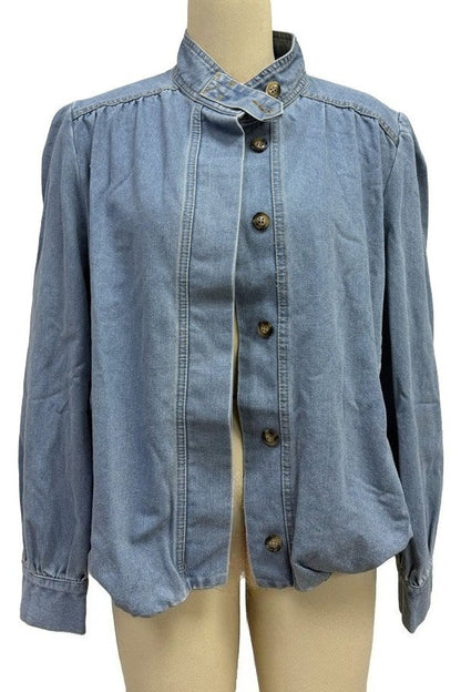 Puff-Sleeve Stand-Collar Denim Jacket Lavish Daily
