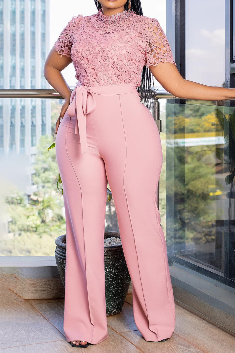 Lace Hollow Out Tie Waist Wide Leg Jumpsuit Lavish Daily