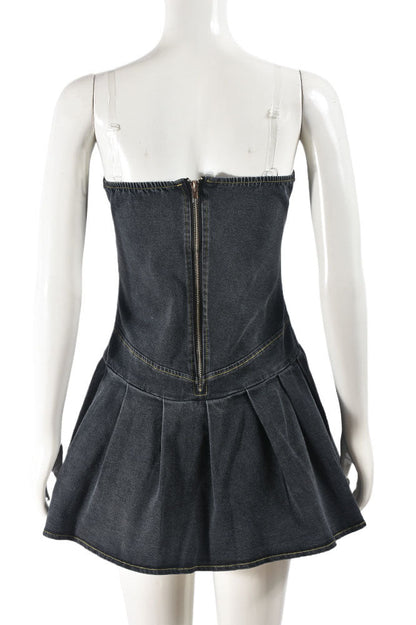 V Neck Pleated Denim Dress Lavish Daily