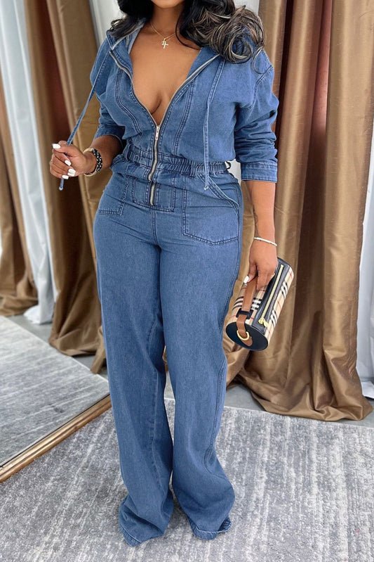 Hooded Zip-Up Wide Leg Denim Jumpsuit Lavish Daily