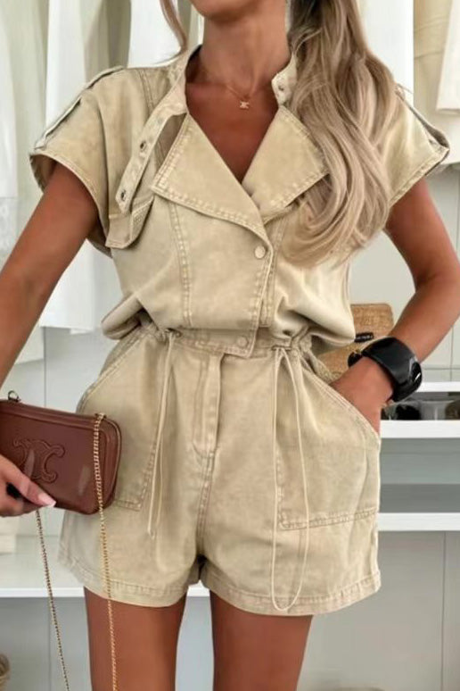 Cap Sleeve Drawstring Denim Utility Romper Lavish Daily