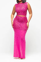 Sheer Rhinestone Mesh Maxi Skirt Set Lavish Daily