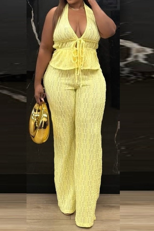 Textured Halter Wide Leg Pant Set Lavish Daily