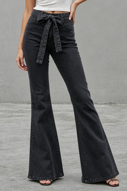 Medium Stretch High Rise Tie Belt Flare Jeans Lavish Daily