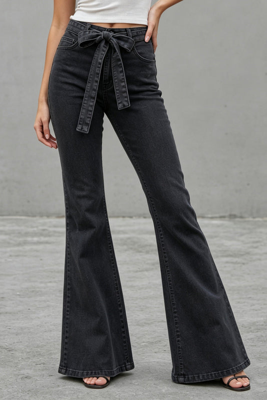 Medium Stretch High Rise Tie Belt Flare Jeans Lavish Daily