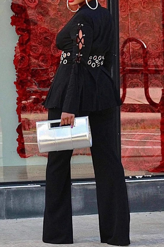 Slim Fit Eyelet Lace-Up Blazer Set Lavish Daily