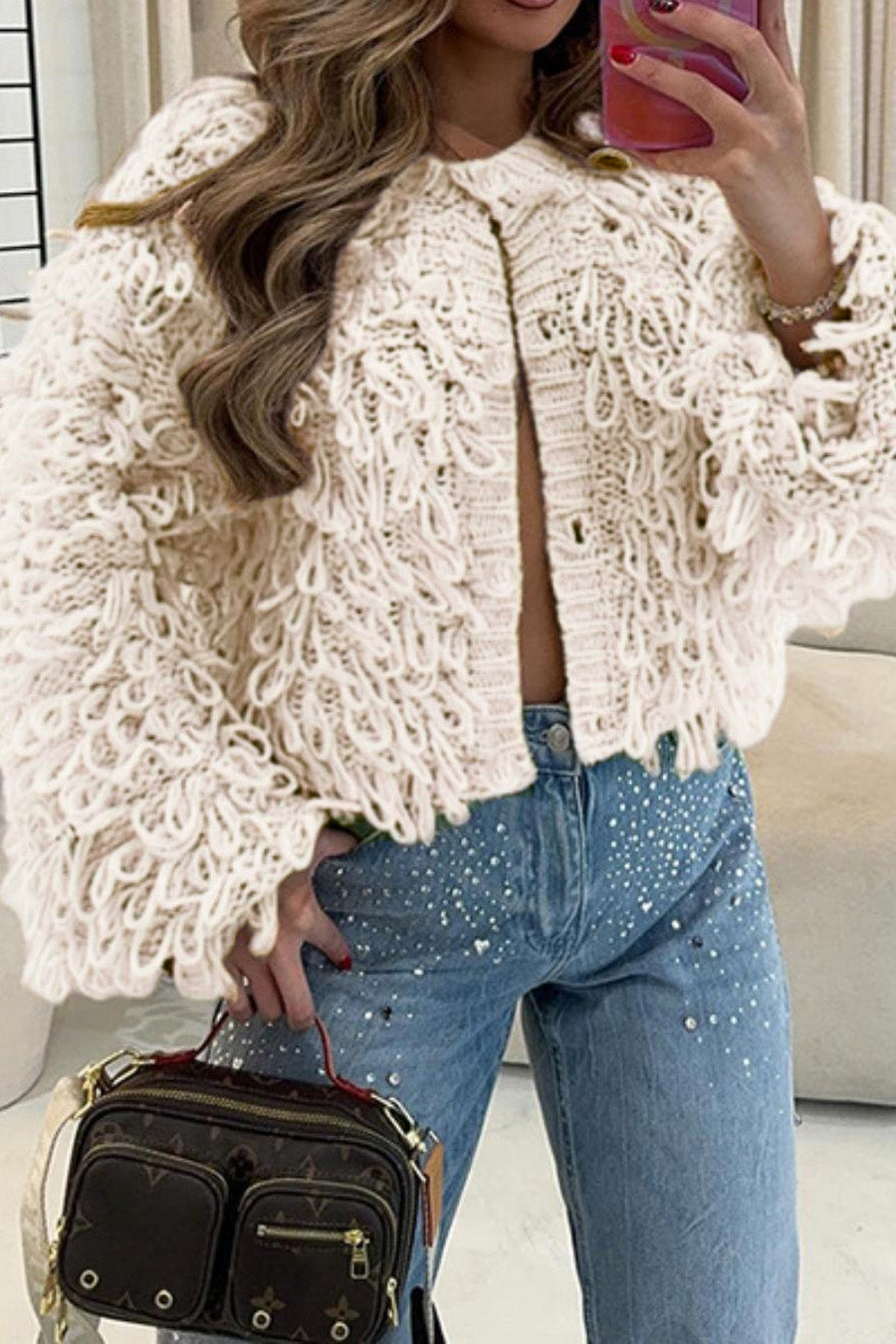 Fringe Button-Up Knitted Cardigan Jacket Lavish Daily