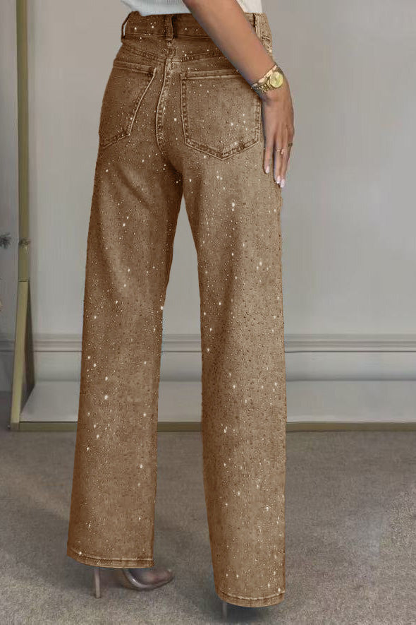 Wide-Leg High-Waist Rhinestone Jeans Lavish Daily