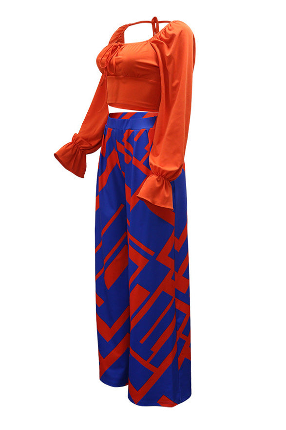 Long Sleeve Top and Printed Wide Leg Pants Set Lavish Daily