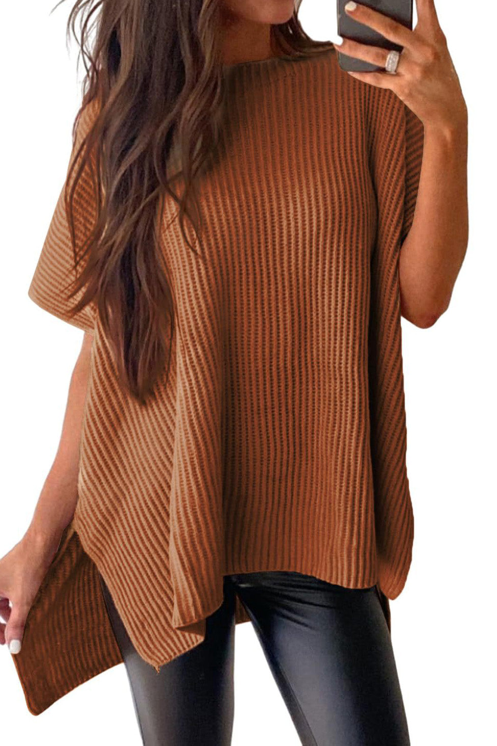 Short Sleeve Side Slit Oversized Sweater Lavish Daily