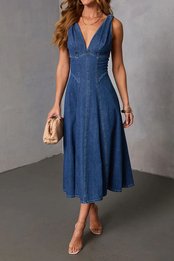 Plunge V-Neck Corset Denim Midi Dress Lavish Daily
