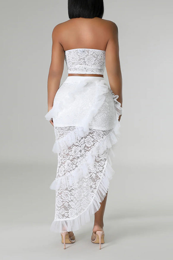 Lace Strapless Top and Ruffle Skirts Sets Lavish Daily