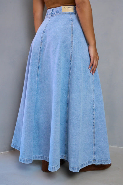 Belted High Waist A-Line Denim Maxi Skirt Lavish Daily