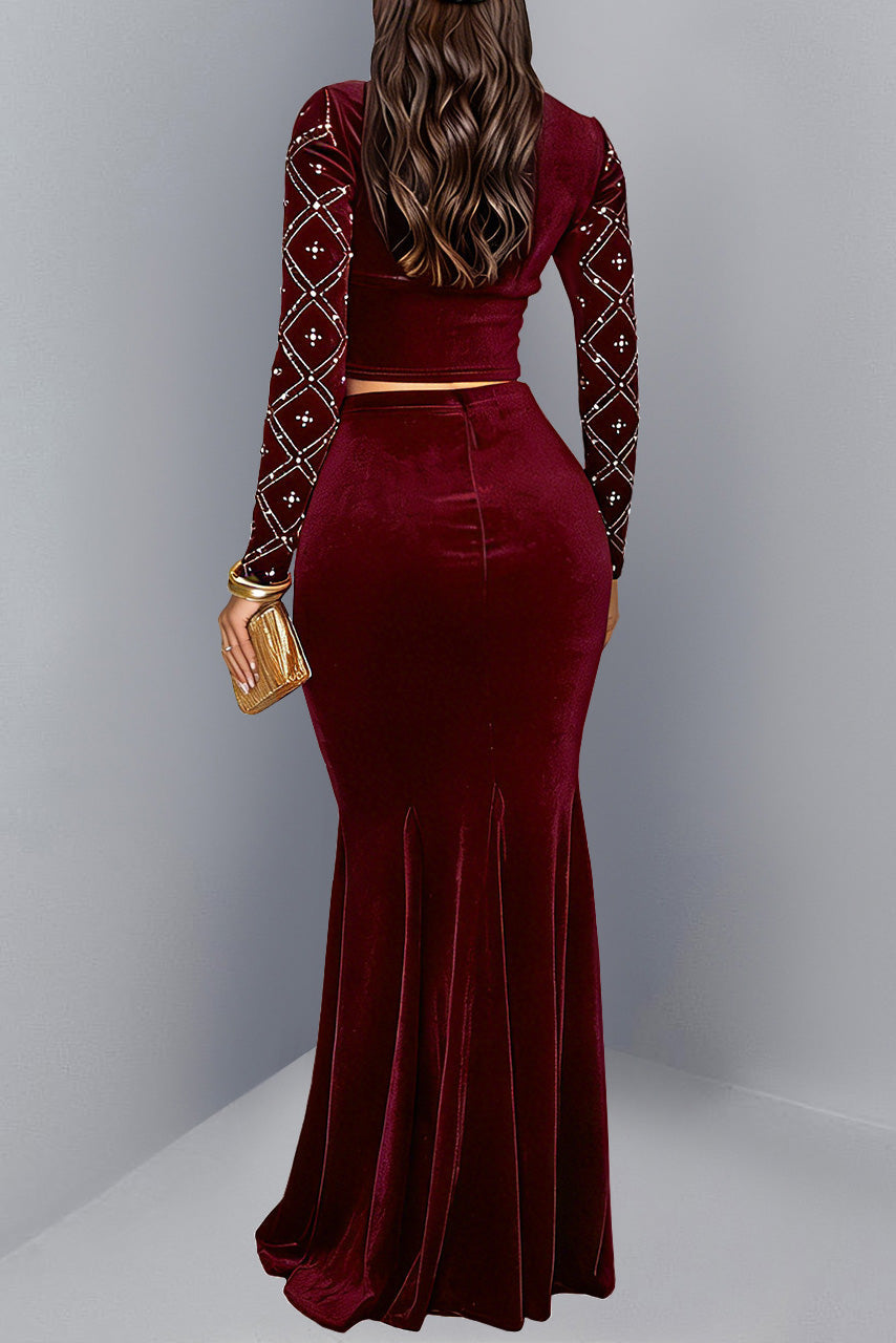 Elegant Pearl Beaded Rhinestone Evening Maxi Set Lavish Daily