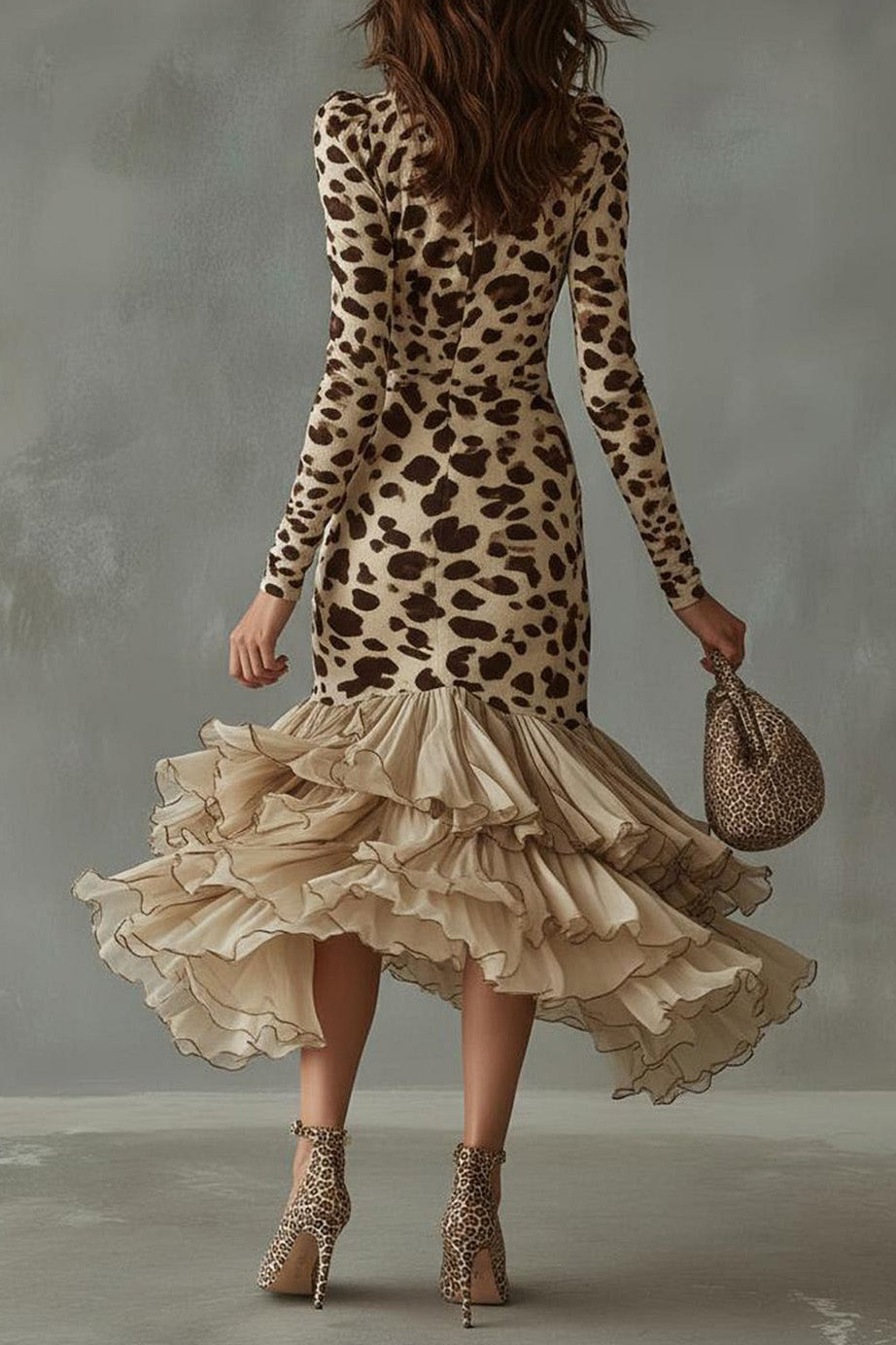 V Neck Long Sleeve Print Mesh Dress LavishDaily