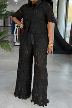 Lace Cutout Tie Waist Wide Leg Two Piece Set Lavish Daily