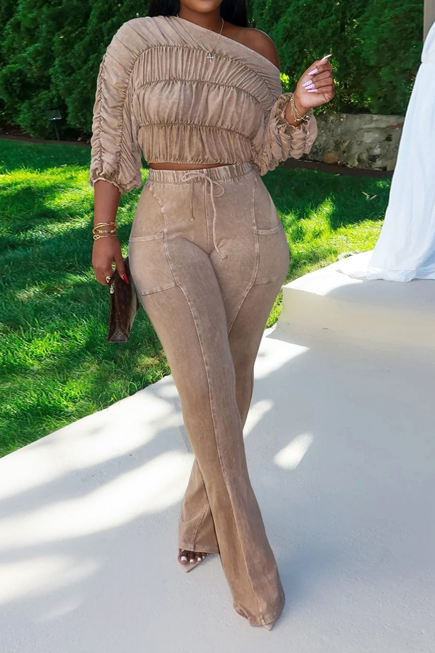 Ruched Off-the-Shoulder Crop Top & Flare Set Lavish Daily