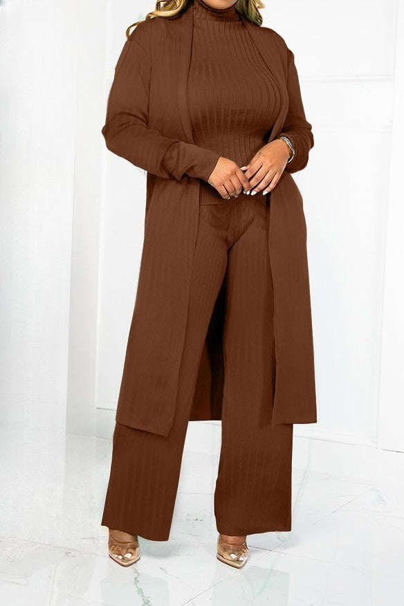 Mock Neck Rib-Knit 3-Piece Cardigan Set Lavish Daily