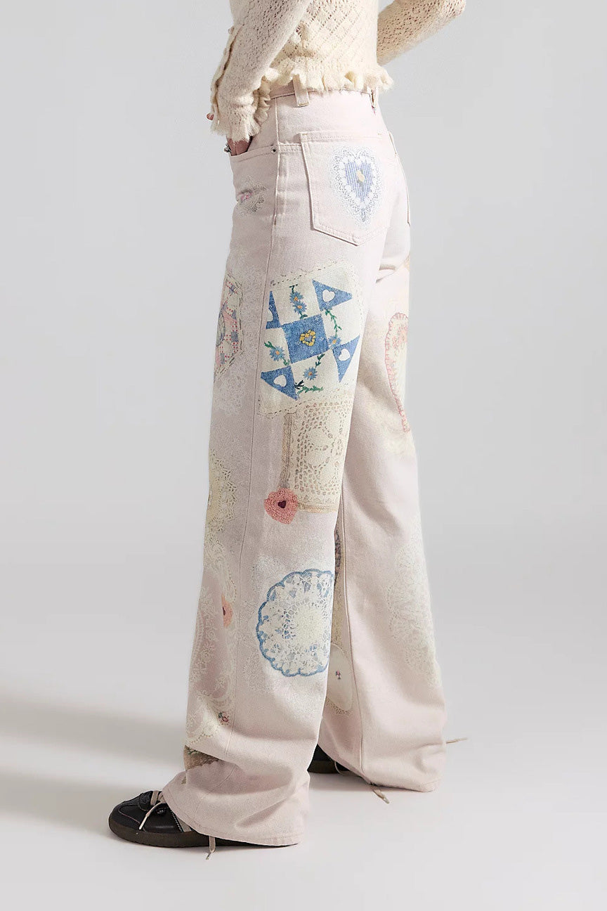 High-Waisted Statement Print Wide Leg Jeans Lavish Daily